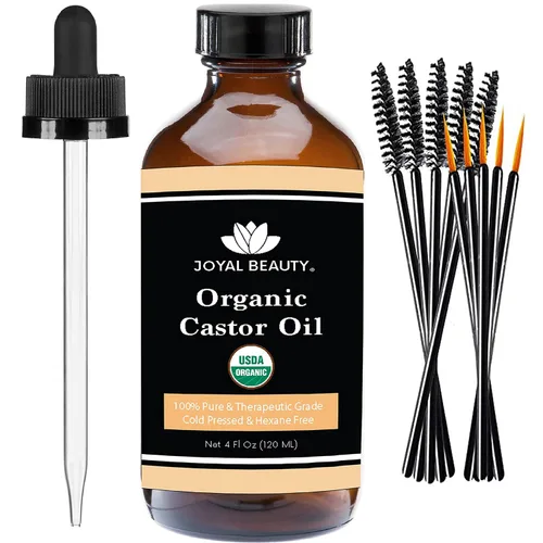 JOYAL BEAUTY Aceite de ricino orgánico certificado por USDA (4 onzas). Botella de vidrio 100% puro prensado en frío sin hexano sin refinar. Pestañas