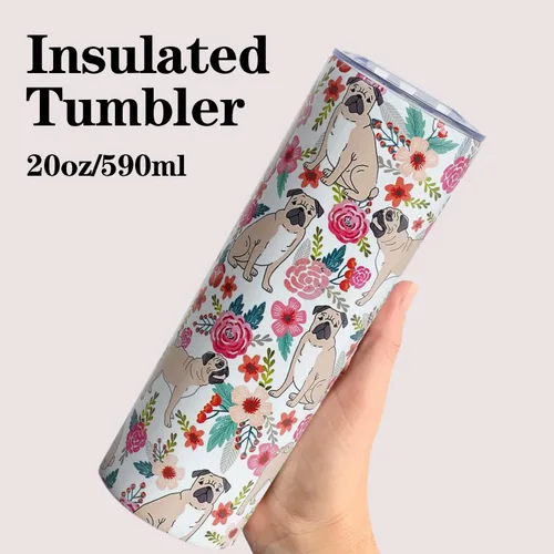 Miniatura 8 de Vaso de viaje aislado de acero inoxidable de 20 onzas, diseño de pug con tapa y popote X-DOG-95