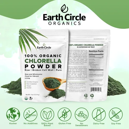 Miniatura 6 de Earth Circle Organics Chlorella en polvo orgánico Vegano, Kosher, pared celular rota, alto en proteínas, fibra y clorofila Algas súper verdes