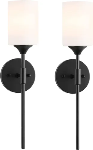 BYOLIIMA Lámpara de pared moderna de mediados de siglo, 2 unidades con pantallas de vidrio cilíndricas blancas, aplique de pared negro mate,