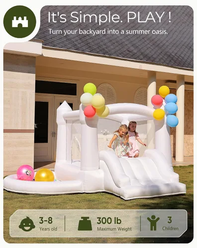 Miniatura 2 de Outfunny - Casa hinchable blanca con tobogán, casa hinchable interior para niños de 3 a 8 años con pozo de bolas, área de rebote de 6.5 x 6.5 pies