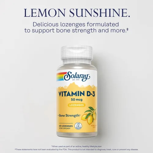 Miniatura 3 de SOLARAY Pastillas de vitamina D3 de 50 mcg – 2000 UI de vitamina D3 – Huesos fuertes, apoyo muscular e inmunológico – Sabor natural de limón