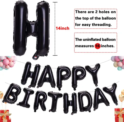 Miniatura 3 de Accevo Cartel de globos negros con letras Happy Birthday, 16 pulgadas, papel de aluminio, letras 3D, feliz cumpleaños para niños, adultos, unisex