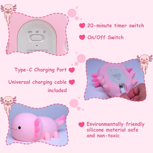 Miniatura 8 de Ammonite Axolotl Gifts, Luz Nocturna de Axolotl para Niños - Lámpara LED Táctil de Silicona Suave y Linda, Navidad Cumpleaños, Decoración Kawaii
