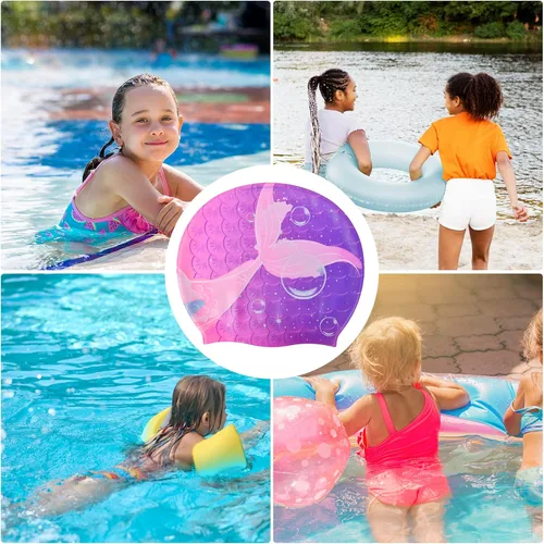 Miniatura 7 de Gorros de natación para niñas, gorro de natación de silicona para niños pequeños, gorros de natación duraderos y cómodos para niñas Sirena púrpura