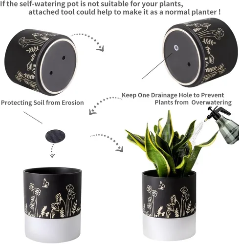 Miniatura 7 de Nihow Maceta de riego automático: maceta de cerámica de 6 pulgadas con orificio de drenaje y almacenamiento de agua para plantas de interior y Negro