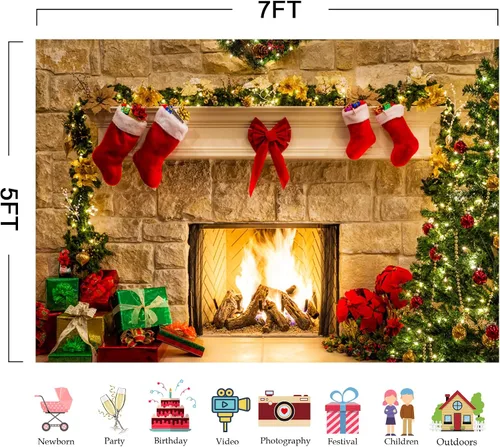 Miniatura 2 de Telón de fondo de diseño de chimenea de Navidad con decoraciones de regalos, árbol y calcetines (7 x 5 pies), suave, duradero, para sesión de fotos