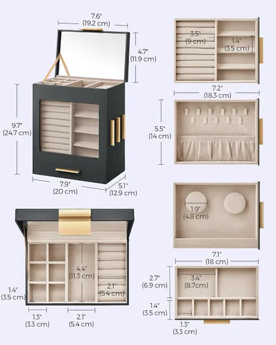 Miniatura 6 de SONGMICS Joyero con ventana de cristal, organizador de joyas de 5 capas con 3 cajones laterales, almacenamiento de joyas, con espejo grande