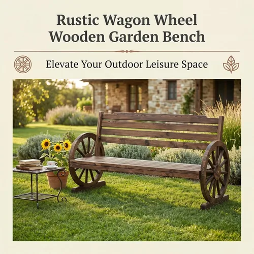 Miniatura 9 de KINTNESS Banco de ruedas de madera rústico para exteriores, muebles de patio para 3 personas con respaldo para patio trasero
