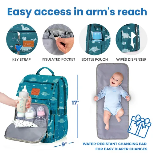 Miniatura 4 de PILLANI Mochila para pañales para bebé, bolsa de pañales de viaje impermeable grande para niños y niñas, 16 bolsillos organizadores con cambiador