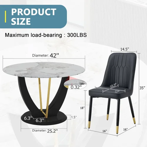 Miniatura 2 de JUFU Juego de mesa de comedor redonda para 4, mesa de comedor de 48 pulgadas con mesa de mármol sintético y 4 sillas tapizadas, moderno juego
