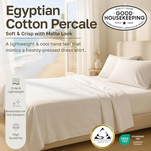 Miniatura 4 de California Design Den Juego de sábanas para cama King - Sábanas de percal de 100% algodón egipcio certificado, tamaño King con bolsillos profundos