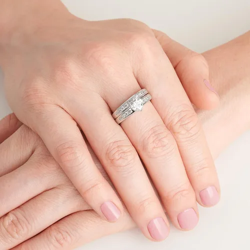 Miniatura 2 de Juego de anillo de compromiso y alianza de boda chapado en platino de plata de ley 925 con forma de corazón y circonitas cúbicas