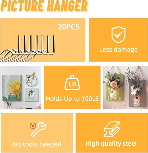 Miniatura 5 de FURHUA Paquete de 20 ganchos súper resistentes para cuadros y oficina, ganchos para pared para colgar imágenes, ganchos de pared, perchas