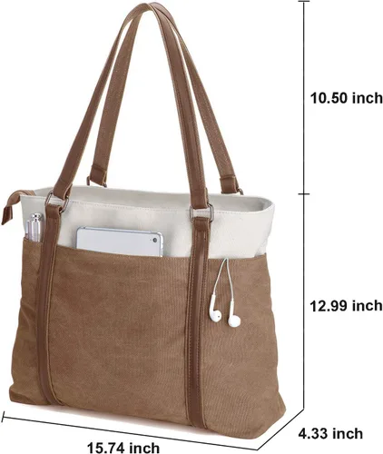 Miniatura 3 de Laptop Tote Bag for Women, 15.6 Inch Work Bag with Laptop Compartment and Zipper, Canvas Computer Tote for Teacher Marrón