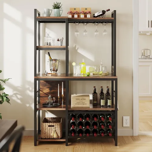 Miniatura 9 de YITAHOME Estante para panaderos con toma de corriente y puerta de gabinete de almacenamiento, soporte alto para microondas de cocina de 5 niveles