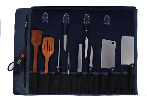 Miniatura 3 de Aaron Leather Goods Vendimia Estilo Bolsa de Almacenamiento de Rollo de Cuchillos de Cuero, 10 Bolsillos Elásticos y Expandibles, Correa de Hombro