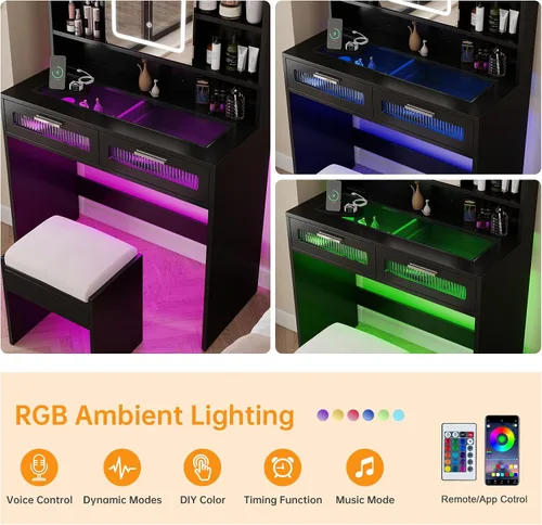 Miniatura 4 de Hadulcet Escritorio de tocador moderno negro con espejo LED de 3 modos, estación de carga y luces RGB, tocador pequeño con amplio almacenamiento