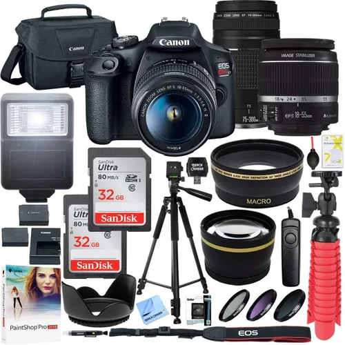 Canon T7 EOS Rebel DSLR Cámara con EF-S 0.709-2.165 in f/3.5-5.6 es II y EF 2.953-11.811 in f/4-5.6 III lente y dos (2) tarjetas de memoria SDHC