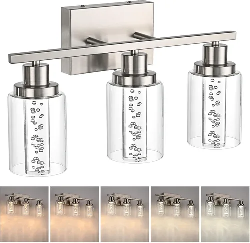 Miniatura 16 de MELUCEE Lámparas de tocador de baño, 3 luces LED sobre espejo, 3000 K-6000 K, moderna luz negra para baño con pantalla de cristal de burbujas, chips