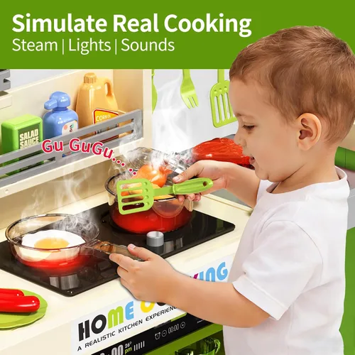 Miniatura 2 de Pupu Pig Juego de cocina para niños, cocina de juego con estufa de juguete, parrilla, fregadero, comida de juguete, accesorios de cocina, juego