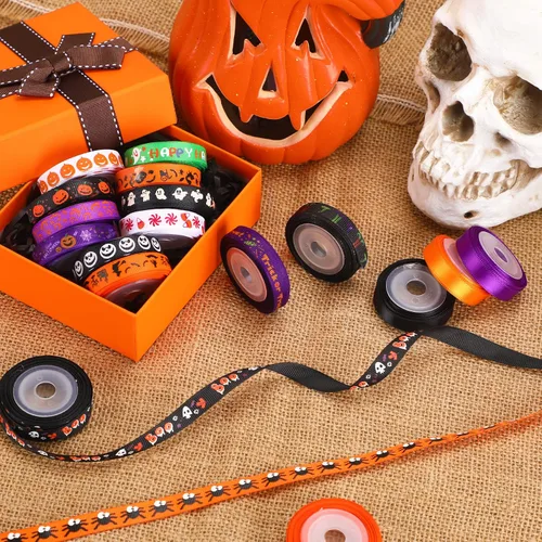 Miniatura 6 de SANNIX 18 rollos de cinta de Halloween de 90 yardas, cintas de grogrén impresas de 3/8 pulgadas de ancho, tela de manualidades para decoración