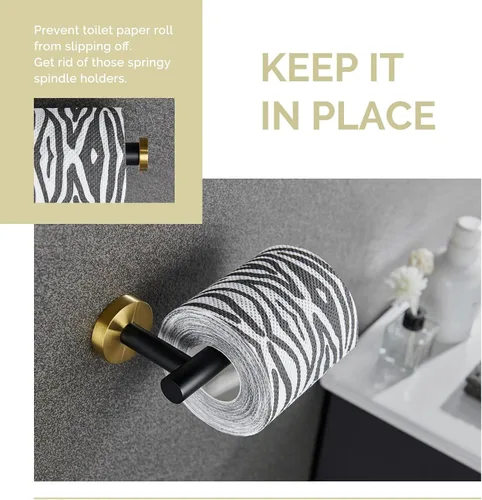 Miniatura 5 de Soporte de papel higiénico negro y dorado, colgador de papel higiénico de acero inoxidable para baño, dispensador de rollos de papel de tocador