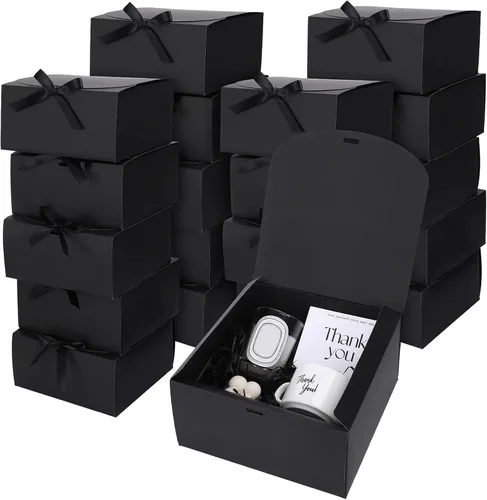 JarThenaAMCS 20 cajas de regalo negras con cintas de tapas, 8 x 8 x 4 pulgadas, caja de propuesta de dama de honor con 100 puntos de pegamento para