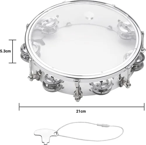 Miniatura 2 de Mancuerna de pandereta de 10 pulgadas para adultos, tambor de mano con doble fila, 14 platillos de metal, jingles, instrumento de percusión