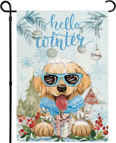 Miniatura 11 de Golden Retriever - Bandera de jardín con texto en inglés "Merry Christmas", de arpillera, de 12 x 18 pulgadas, doble cara para patio, porche