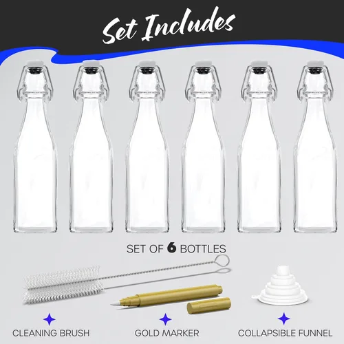 Miniatura 7 de Nevlers Botella de vidrio cuadrada con tapa abatible de 17 onzas con tapa, paquete de 6 botellas de vidrio con tapa hermética, embudo, cepillo