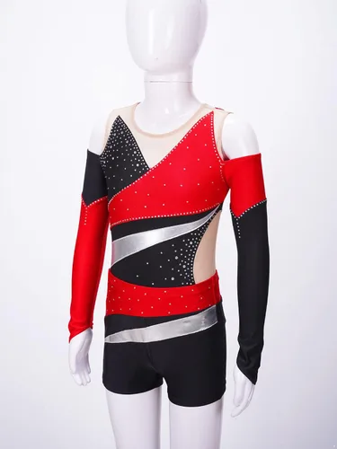 Miniatura 16 de JEATHA Conjunto de 2 piezas de leotardo de gimnasia de manga larga con hombros descubiertos y pantalones cortos atléticos para niñas