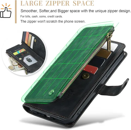 Miniatura 4 de CaseMe - Funda tipo cartera para iPhone 15 Pro Max, multifunción, hecha a mano, de piel sintética, con cremallera, a prueba de golpes, con cierre