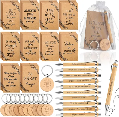 Yeaqee Christian Gifts - Bolígrafo retráctil de bambú, versículo de la Biblia, cuaderno inspirador, llavero de bolsas de organza para mujeres y