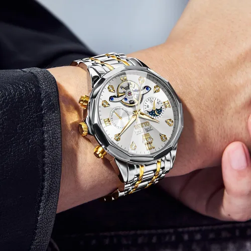 Miniatura 43 de OLEVS Reloj de pulsera automático con diseño de esqueleto para hombre, de lujo, con diamantes de lujo, de acero inoxidable, calendario, reloj