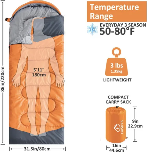 Miniatura 2 de Oaskys - Saco de dormir para acampar, para 3 estaciones, clima cálido y fresco, verano, primavera, otoño, ligero, resistente al agua, para adultos