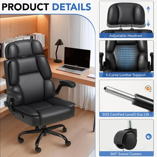Miniatura 4 de Cómoda silla de oficina con reposacabezas ajustable, silla de escritorio ejecutiva de cuero con soporte lumbar, función mecedora, silla ergonómica