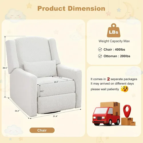 Miniatura 2 de Power Nursery Recliner Rocking Chair with Waist Pillow, Comfy Teddy Farbric, High Back & Lumbar Support Swivel Gilder Recliner for Adults, Living