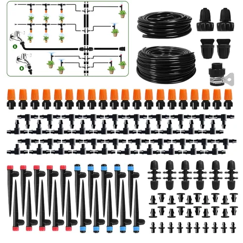 Kit de sistema de riego por goteo de 260 pies, sistema automático de riego de jardín con tubo de 2/5 pulgadas y 1/4 pulgadas para invernadero,