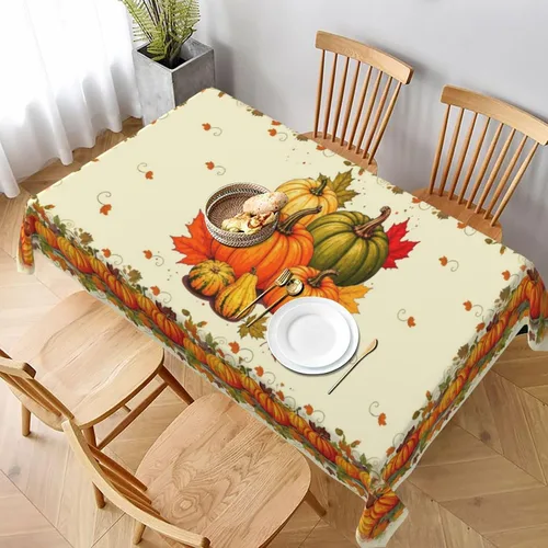 Mantel de Otoño de Acción de Gracias con Hojas de Calabaza, Mantel Rectangular Lavable de Cuadros Rústicos para Decoración de Cocina y Comedor,
