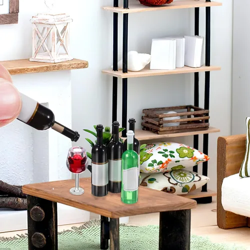 Miniatura 8 de NUOBESTY - Juego de 10 copas de vino en miniatura para casa de muñecas con 8 mini botellas, color rojo oscuro, decoración de copa pequeña para casa