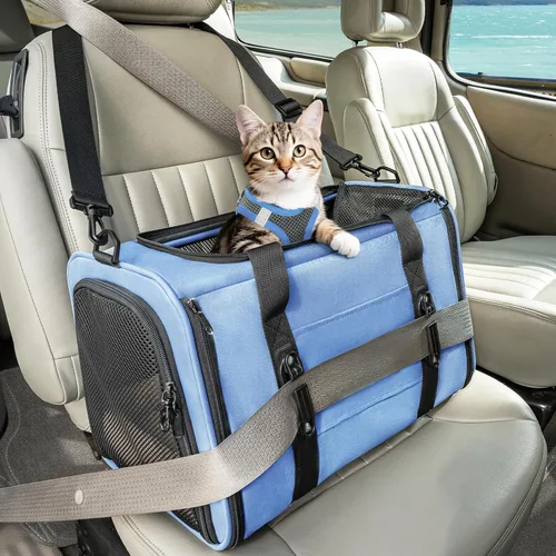 Miniatura 10 de PETSFIT Transportador de gatos de lados suaves con hebillas de seguridad patentadas, cremalleras bloqueables y correa de seguridad, transportador