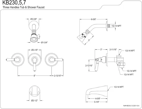 Miniatura 3 de Kingston Brass KB237 Magellan Grifo de bañera y ducha de triple mango en latón cepillado