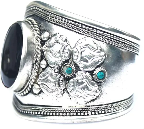 Miniatura 3 de Pulsera ajustable de acero inoxidable chapado en argencio de ónix negro Joyería bohemia de Nepal, Piedra, Ónix