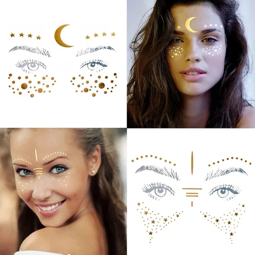 Miniatura 2 de 54 hojas de tatuajes faciales de pecas doradas con purpurina, más de 150 piezas de pegatinas temporales de Halloween con purpurina, pecas brillantes
