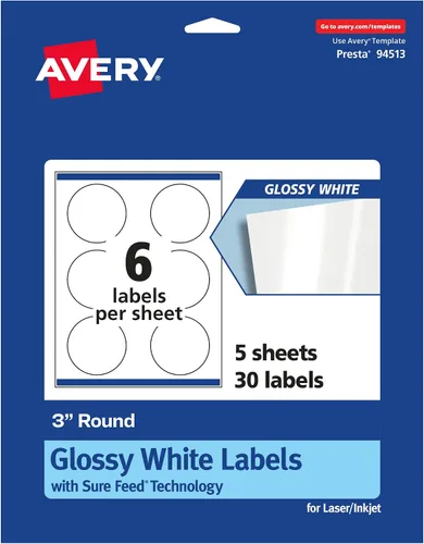 Avery Etiquetas redondas, tecnología de alimentación segura, 3.0 in de diámetro, 30 etiquetas blancas brillantes (36499)