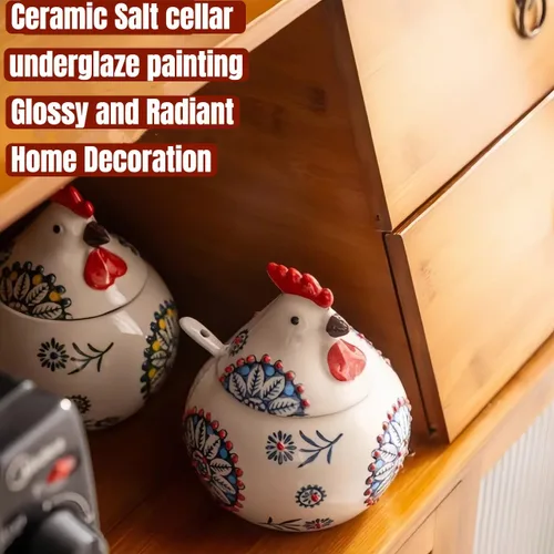 Miniatura 8 de Bodega de sal de cerámica con tapa y cuchara Recipiente grande de sal de pollo de 13.5 onzas Recipientes de sal y pimienta para encimera Rojo