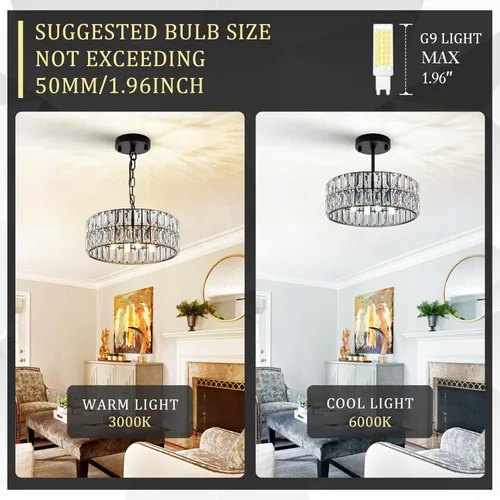 Miniatura 4 de Lámpara Colgante de Cristal de 4 Luces Araña Moderna Negra Pequeña de 12" Cristal Semi Empotrada Luz de Techo Redonda para Isla de Cocina, Negro