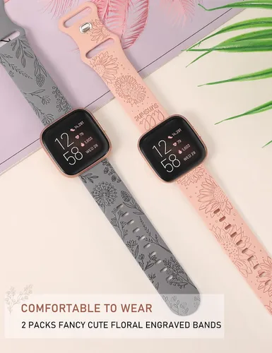 Miniatura 3 de Minyee Paquete de 2 correas con grabado floral compatibles con Fitbit Versa 2/Fitbit Versa/Versa Lite para mujeres, linda correa deportiva