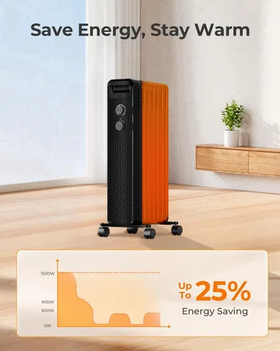 Miniatura 7 de ZAFRO 1500 W Calentador Eléctrico de Radiador Lleno de Aceite con Termostato Ajustable, Protección Contra Sobrecalentamiento y Vuelco, Bajo Nivel